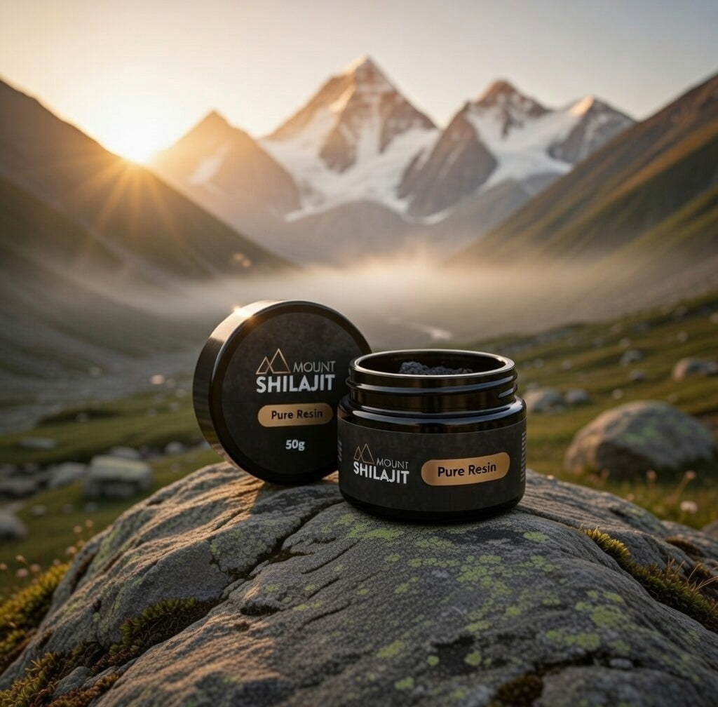 Two black containers labeled Mount Shilajit Pure Resin 100g, one open with visible resin inside, and a small gold-colored spoon placed in front of them.